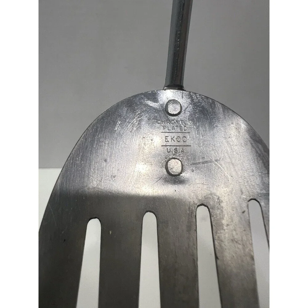 EKCO Spatula Slotted Angled  Chromium Plated Black Handle USA 13” Melt Marks